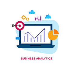 Business analytics landing page templates in flat. Financial marketing, e-commerce and investment, automation. Laptop, charts, graphs, digital analysis data, statistics. Vector stock illustration