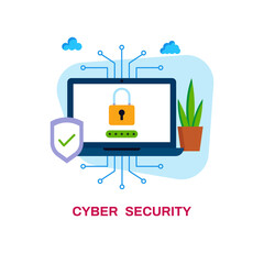 Cyber security concept in flat design. Antivirus for computers, laptops and phones. Flower, shield, lock, password, eye. Vector stock illustration