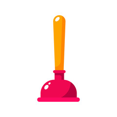 Rubber plunger with wooden handle in flat design. Sewer blockage cleaning tool on an isolated white background. Vector stock illustration