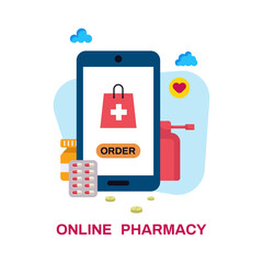 Pharmacy online. Ordering medicines. Mobile phone, capsules, throat spray, tablets. Vector stock illustration in flat design
