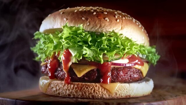 Yummy burger with smoke, fast food concept. Fresh homemade grilled hamburger with meat patty, tomatoes, cucumber, lettuce, onion and sesame seeds. Unhealthy lifestyle. Food background. Dolly shot