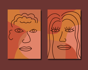 Two hand-drawn abstract portraits in a modern fashion style, male and female poster for postcards, banners, posters, paintings for the interior. Vector illustration