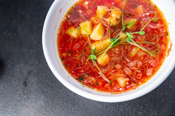 tomato soup vegetables borscht red broth beetroot fresh dietary healthy meal food still life snack on the table copy space food background keto or paleo diet veggie vegan or vegetarian food no meat