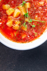 tomato soup vegetables borscht red broth beetroot fresh dietary healthy meal food still life snack on the table copy space food background keto or paleo diet veggie vegan or vegetarian food no meat