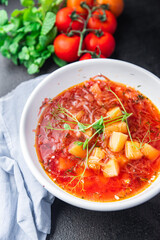 tomato soup vegetables borscht red broth beetroot fresh dietary healthy meal food still life snack on the table copy space food background keto or paleo diet veggie vegan or vegetarian food no meat