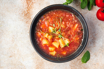 tomato soup vegetables borscht red broth beetroot fresh dietary healthy meal food still life snack on the table copy space food background keto or paleo diet veggie vegan or vegetarian food no meat