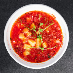 tomato soup vegetables borscht red broth beetroot fresh dietary healthy meal food still life snack on the table copy space food background keto or paleo diet veggie vegan or vegetarian food no meat