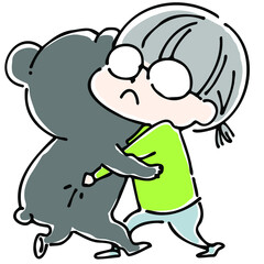 Obraz premium 黒熊と相撲を取るメガネっ子