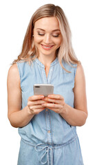 Portrait of a smiling casual woman holding smartphone over white background