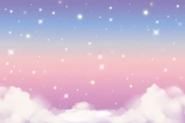 Tuinposter Holographic fantasy rainbow unicorn background with clouds and stars. Pastel color sky. Magical landscape, abstract fabulous pattern. Cute candy wallpaper. Vector. © Chorna_L