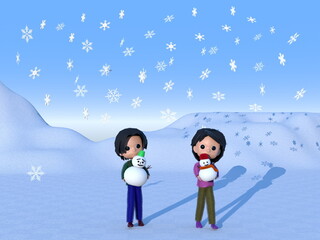 Naklejka premium 雪の降る野原で、雪だるまと遊ぶ子どもたち