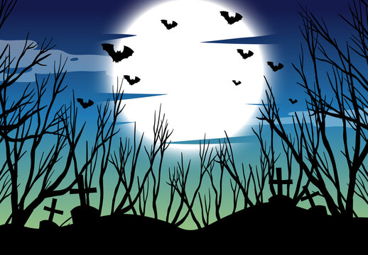 Spooky forest silhouette with full moon and bats