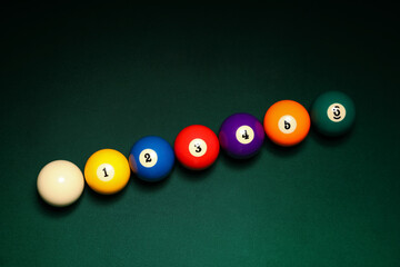 Different billiard balls on green table