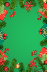 Beautiful Christmas background with frame of Christmas decorations and ornaments