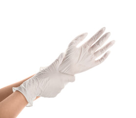 Woman in medical gloves on white background