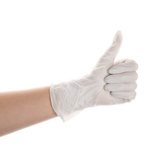 Woman in medical glove showing thumb-up on white background