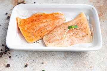 raw fish fillet salmon or char fresh seafood fresh portion dietary healthy meal food diet still life snack on the table copy space food background rustic top view