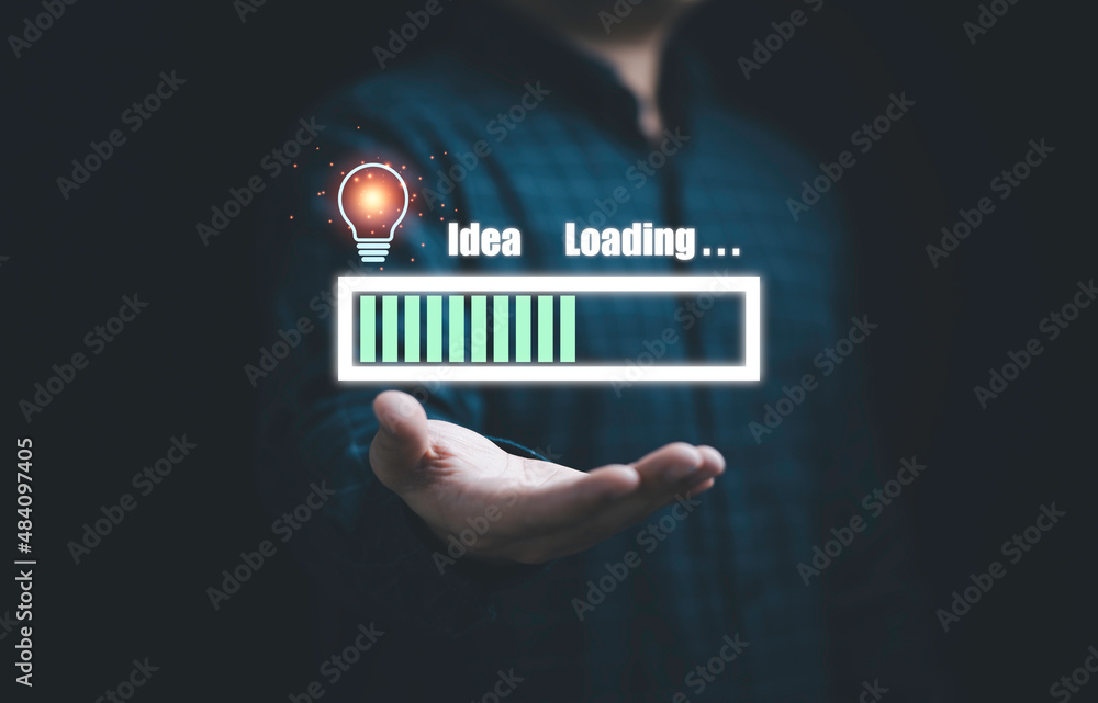 Poster businessman holding virtual download icon with lightbulb for show status progress of creative thinki