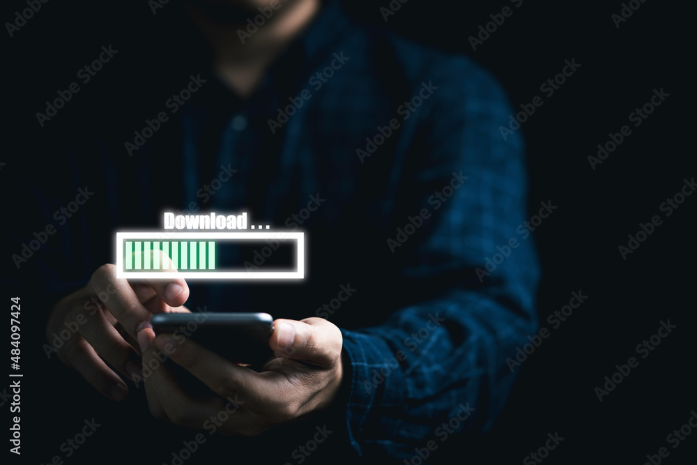Poster businessman using mobile phone with virtual download status for technology and sharing information c