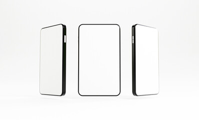 Smartphone mockup , Isolated of Three angles mobile phone with blank screen frame template on white background by 3d render.