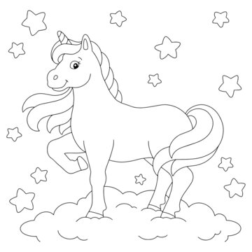 Magical unicorn on the night sky. Coloring book page for kids. Cartoon style character. Vector illustration isolated on white background.