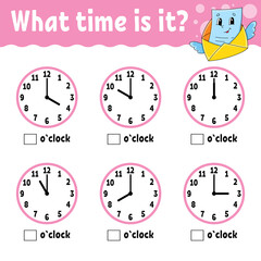 Learning time on the clock. Educational activity worksheet for kids and toddlers. Game for children. Simple flat isolated color vector illustration in cute cartoon style.