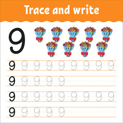 Obraz premium Learn Numbers. Trace and write. Handwriting practice. Education developing worksheet. Color activity page. Isolated vector illustration in cute cartoon style.