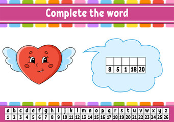 Complete the words. Cipher code. Learning vocabulary and numbers. Education worksheet. Activity page for study English. Isolated vector illustration. cartoon character.