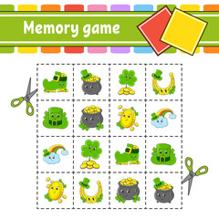 Memory game for kids. Education developing worksheet. Activity page with pictures. St. Patrick's day. Logical thinking training. Isolated vector illustration. Funny character. cartoon style.