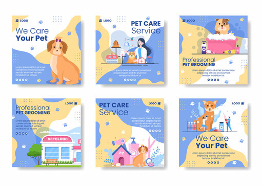Pet Grooming and Animal Clinic Post Template Flat Illustration Editable of Square Background Suitable for Social media, Greeting Card or Web Ads