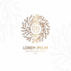 Golden emblem with leaves in a circle shape. Can be used for jewelry, beauty and fashion industry. Great for logo, monogram, invitation, flyer, menu, background, or any desired idea.