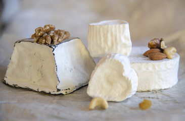 Various types of cheese with white mold on packaging paper.