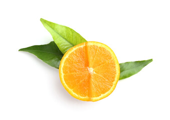 Fresh cut orange and leaves isolated on white background