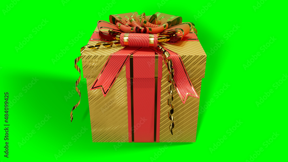 Poster decorated goldish and red present box on green screen, isolated - object 3d rendering