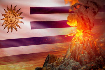 big volcano blast eruption at night with explosion on Uruguay flag background, problems of disaster and volcanic earthquake conceptual 3D illustration of nature