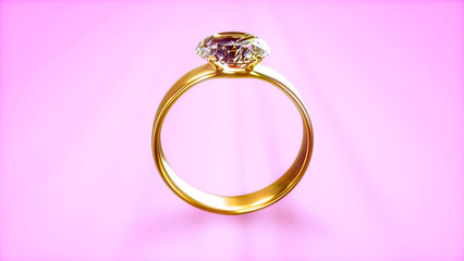 beautiful goldish diamond wedding ring on gentle pink - object 3D rendering