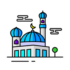 muslim mosque flat design with stroke outline, ramadan kareem festival illustration.