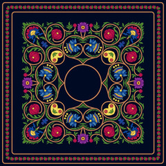 Fantasy flowers in retro, vintage, embroidery style. The design is suitable for shawl, blanket, pillow, pillowcase, napkin, cover or postcard. Vector illustration. 