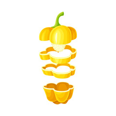 Yellow pepper slices lying in vertical row. Healthy organic vegetable vector illustration