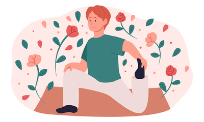 Young man doing yoga. Sport. Healthy lifestyle. Exercise at home. Vector flat illustration