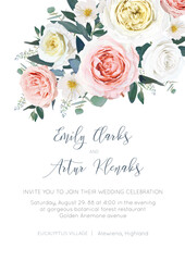 Elegant, vector wedding e-invite, party invitation, save the date, template. Delicate, watercolor blush pink, yellow, ivory white rose flowers, camellia, emerald, green eucalyptus leaves bouquet frame