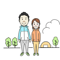 キャンプ、登山を楽しむ若夫婦、カップル