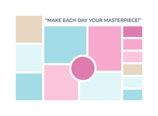 Collage template. Moodboard grid. Mood board background. Mosaic pictures album layout. Montage photo images. Horizontal design of gallery mockup with colour palette and quote. Vector illustration