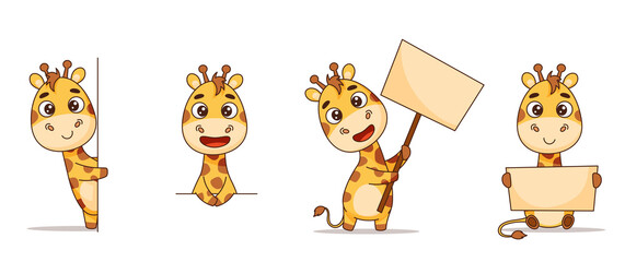 Set of giraffes in different poses with signs, standing, sitting, looking out, waving a sign. Vector illustration for designs, prints and patterns. Isolated on white background