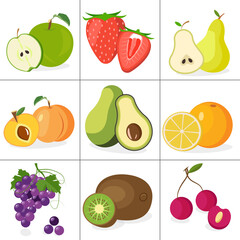Big set of fruits and berries. Vector elements. Icons. Fruit set: apple, orange, pear, grape, cherry, strawberry, avocado, peach.