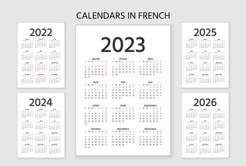 French Calendar 2023, 2022, 2024, 2025, 2026 years. Week starts Monday. Vector. France calender template. Yearly stationery organizer. Vertical, portrait orientation. Simple illustration.