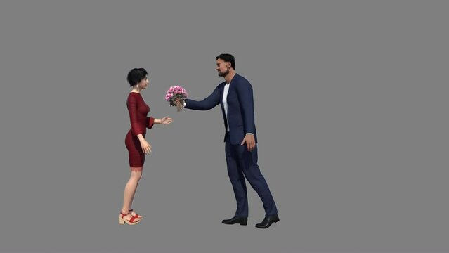 3D model man giving flowers to a woman , animation , transparent background