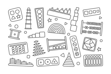 Montessori education logic toys. Children wooden toys for preschool kids. Montessori system for early childhood development. Multicolored sorters. Hand drawn vector illustrations on white background.