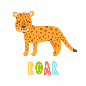 Cute leopard with lettering ROAR on a white background. Vector childish illustration