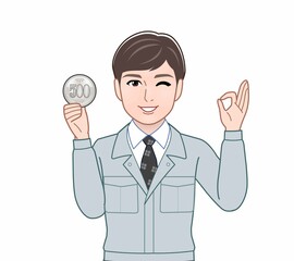 500円玉をもつ男性